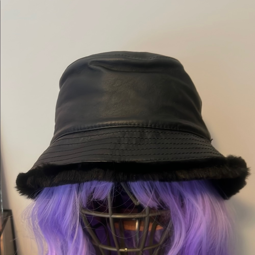 Black Genuine Leather Bucket Hat, Faux Fur Lined